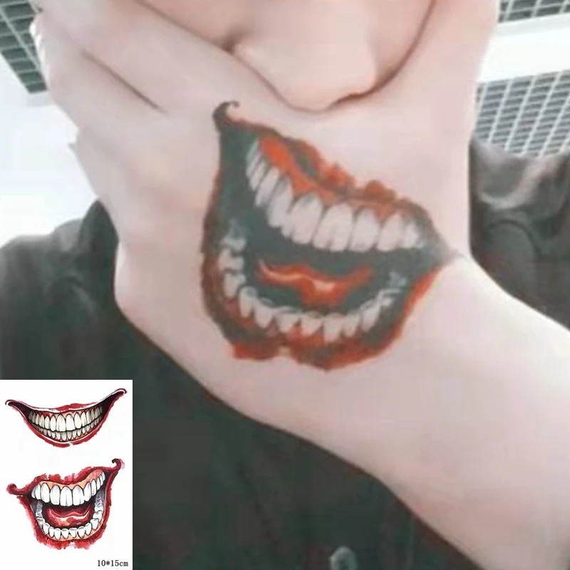 

Clown Smiley Tattoo Sticker Devil Smile Waterproof Temporary Men Women Grimace Big Mouth Art Fake Tattoo on The Back of The Hand