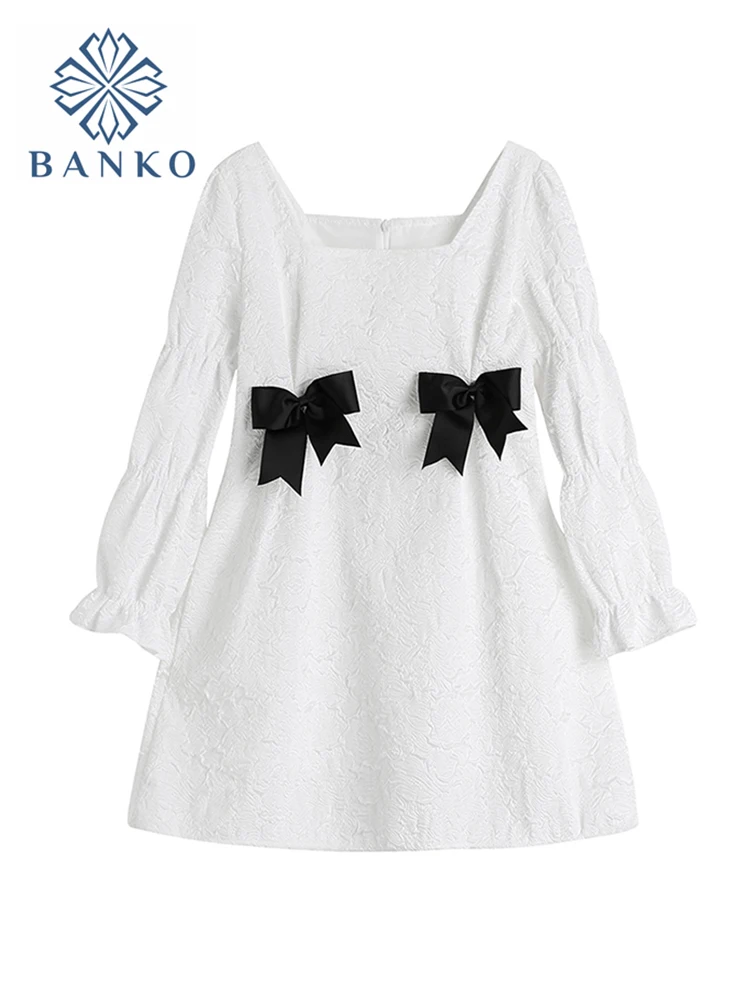 

French Vintage Elegant Casual Dress Ladies Autumn 2021 Sweet Square Collar Puff Sleeve Bowknot Slim-Waist Mini Dresses Female