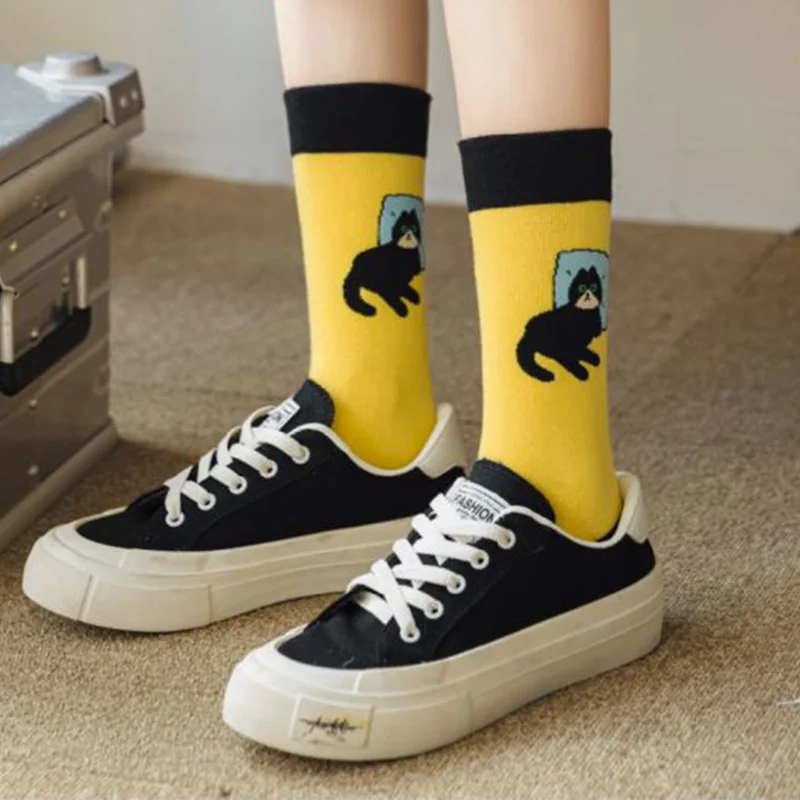 5 Pair Kawaii Splicing Cotton Socks Female Cartoon Animal Print  Long Socks Fashion Winter Socks Women Cycling Girl Leg Warmer