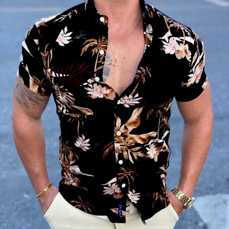 

2023Summer New Mens Vintage Black Shirt Casual Luxury Short Sleeve Hawaii Palmeiras Print Shirts For Men Blusas Camisa Masculina