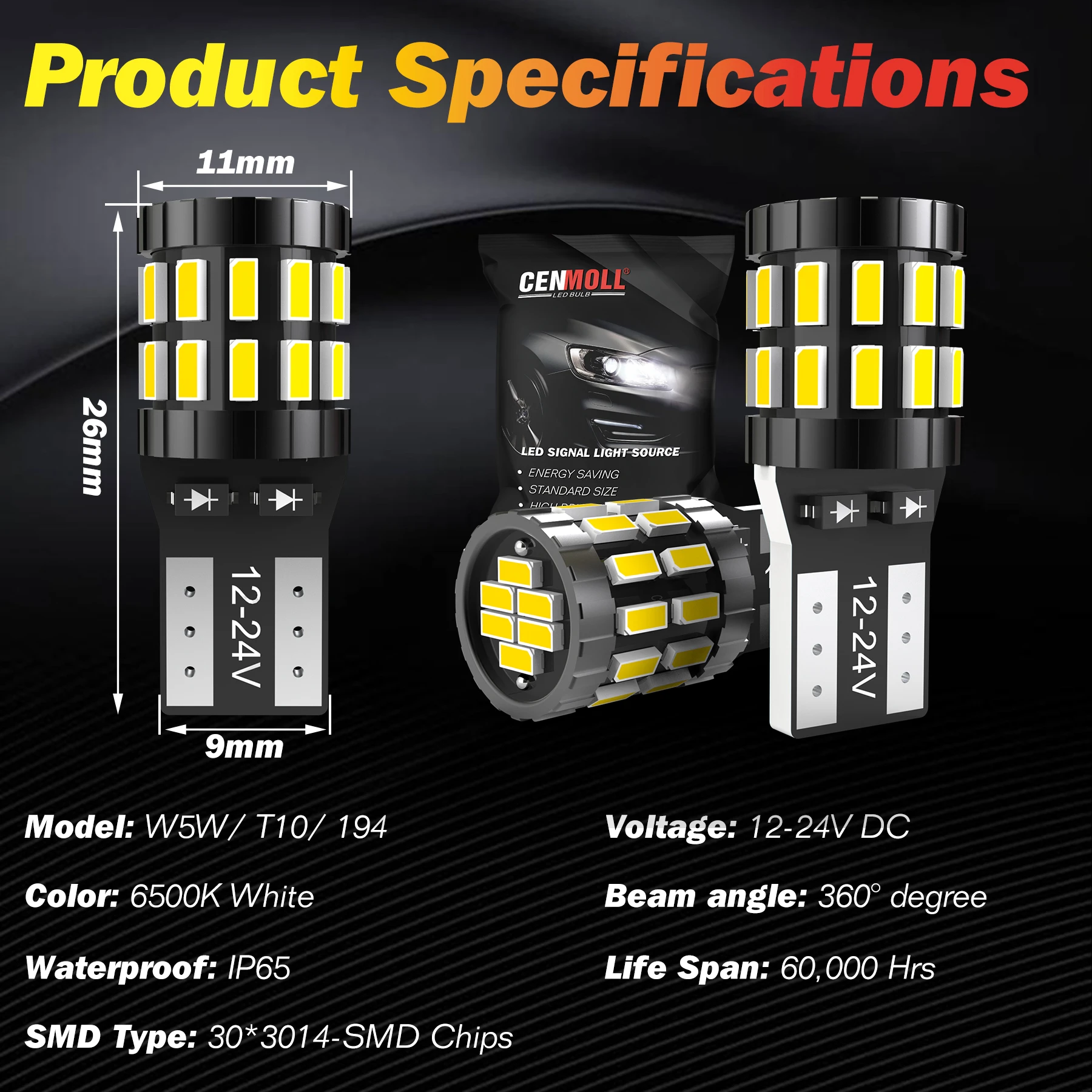 2 шт. Автомобильные светодиодные лампы T10 W5W для Ford Fiesta Focus 3 Fusion Ranger Kuga S Max MK5 Mustang