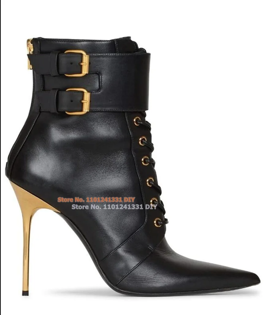 Black Leather Double Buckle Lace Up Short Boots Women Pointed Toe Gold Thin High Heel Bootie Party Shoes