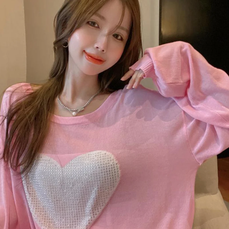 

Y2k Женская трикотажная футболка контрастных цветов с любовным сердцем, Милая Розовая белая свободная женская модель, корейский модный шика...