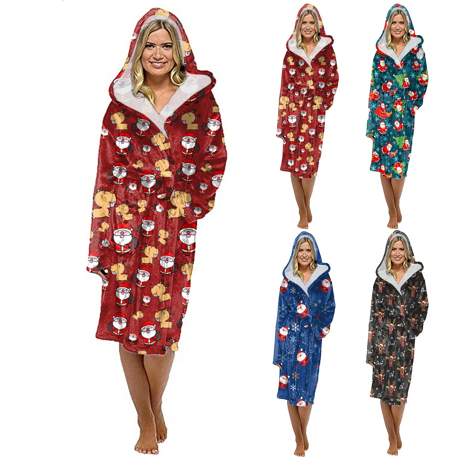 

Женское рождественское домашнее платье, однотонная Пижама с V-образным вырезом и длинным рукавом, мягкое и теплое рождественское платье, ат...