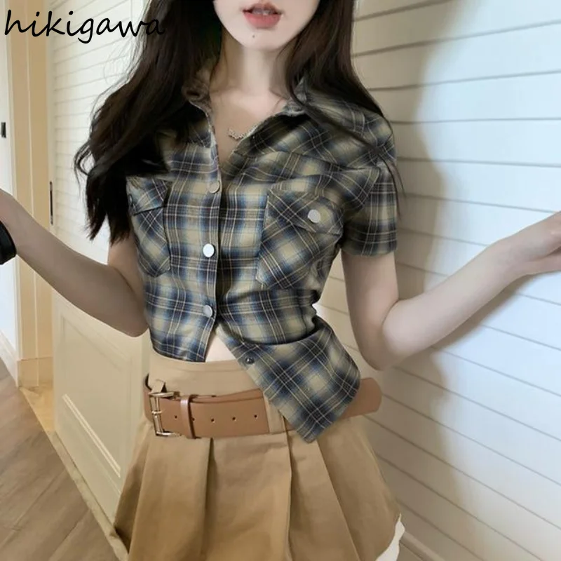 

Fashion Plaid Blouses for Women Short Sleeve Summer Shirts Slim Fit Korean Vintage Blouse Tops 2023 Blusas Mujer De Moda 27L052
