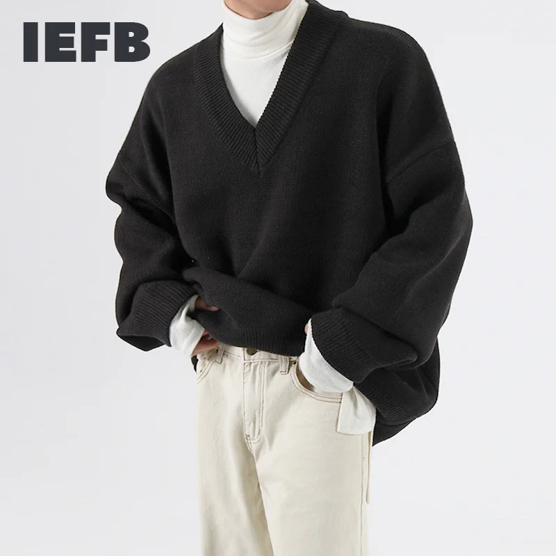 

IEFB /men's wear autumn winter V-neck sweater fashionable loose style knitted tops thickened loose vintage clothes male 9Y3277