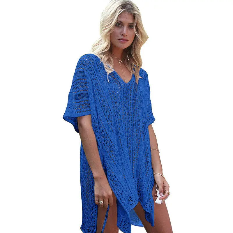 

Casual Bikini Cover Up Women Hollow Out Crochet Beach Wear Summer Loose Bathing Suit Short Sleeve Beachwear Solid Color Cover Up