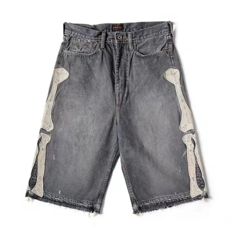 KAPITAL 22SS Bone Embroidery Pasting Cloth Splicing Dilapidated Washing Casual Five Part Denim Shorts