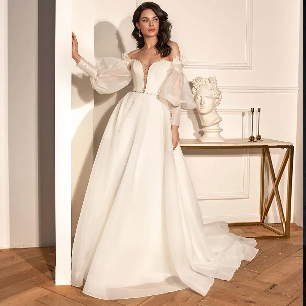 

Vestidos De Novia Elegant Organza Wedding Dress Puffy Sleeves Classic Hochzeitskleid Off the Shoulder Trouwjurk Bridal Gowns