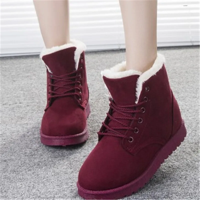 Купи New Women Snow Boots Leather Lace Up Ankle Boots Warm Faux Fur Ladies Winter Female Shoes за 320 рублей в магазине AliExpress