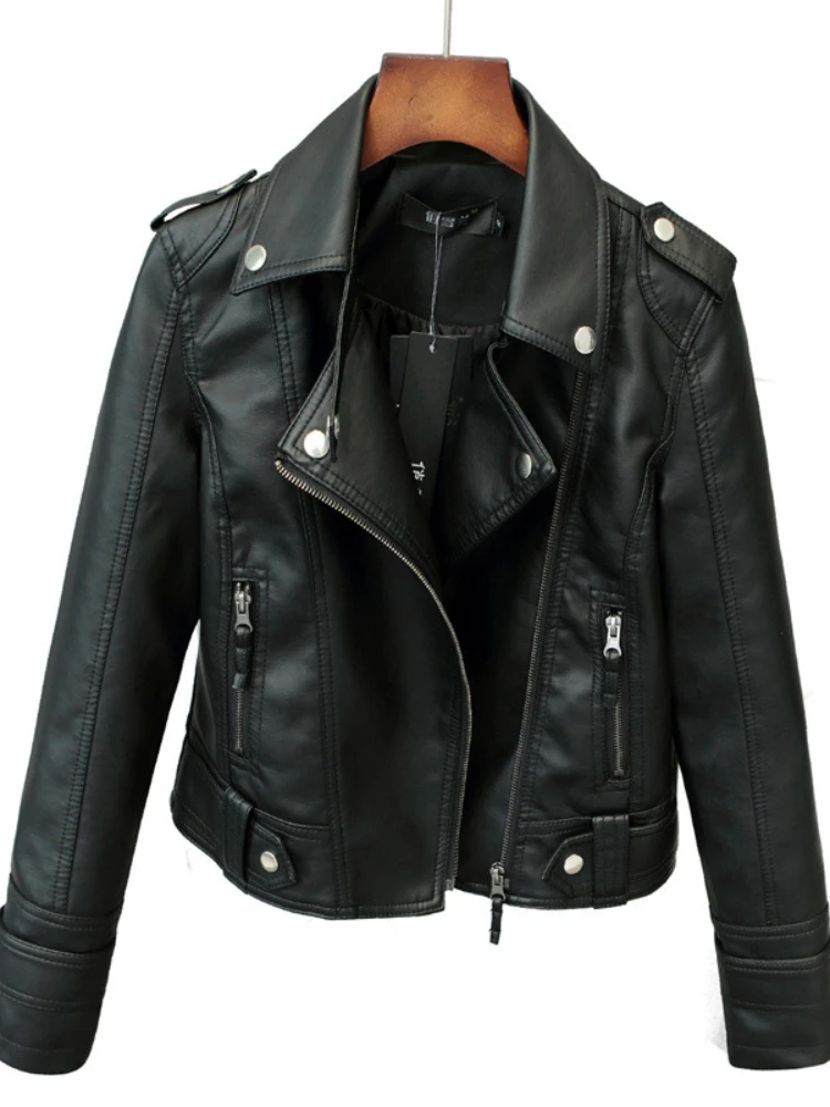 

Женская байкерская куртка Aibeautyer, черная классическая приталенная куртка из искусственной кожи, базовое пальто, весна-осень
