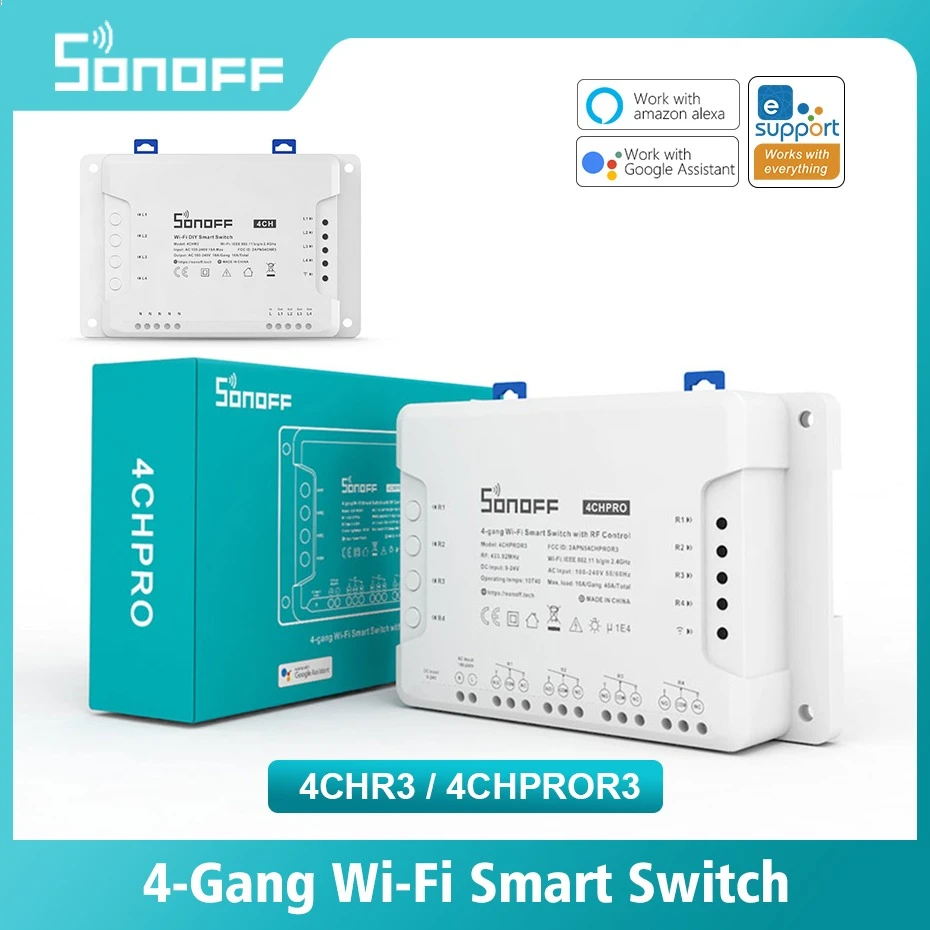 

Умный выключатель Sonoff 4CH PRO R3 Wi-Fi, 4 клавиши, Wi-Fi, автоматизация умного дома, дистанционное управление через приложение, работает с Alexa Google