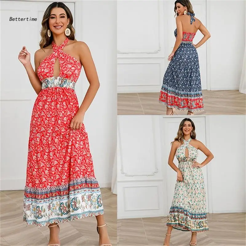 

B36D Womens Crisscross Halter Tie Backless Boho Floral Print High Waist Long Dress