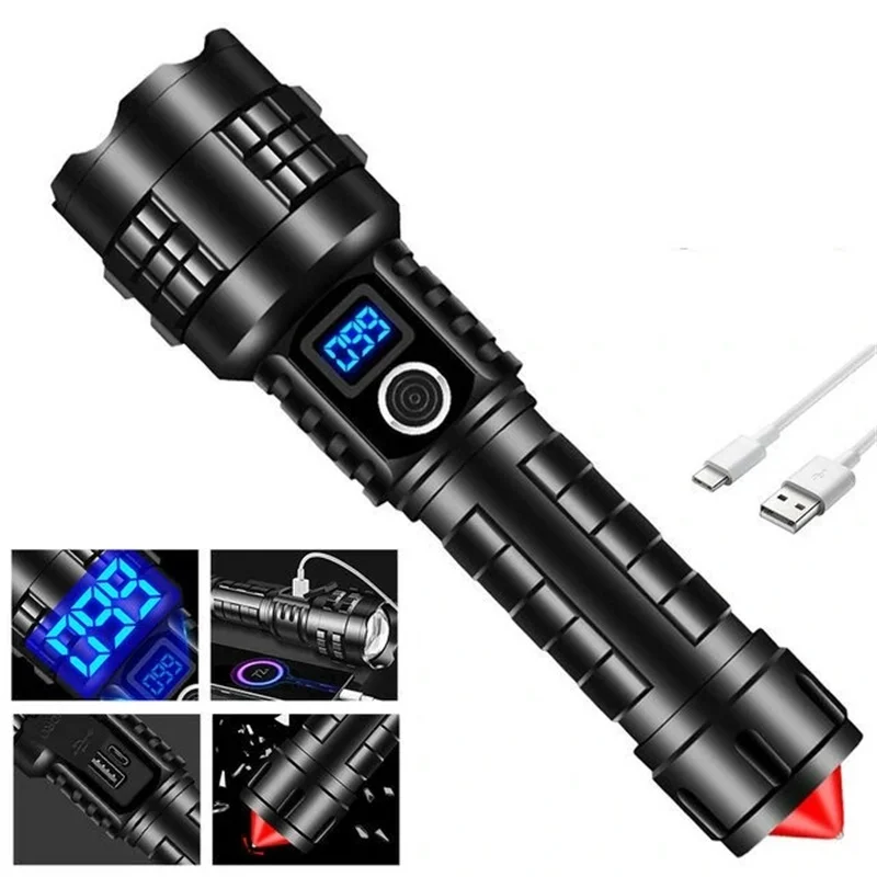 

30W 1000LM XHP70 LED Digital Display Flashlight 26650 Battery USB-C Fast Charging Powerful Tactical Torch With Emergency Hammer