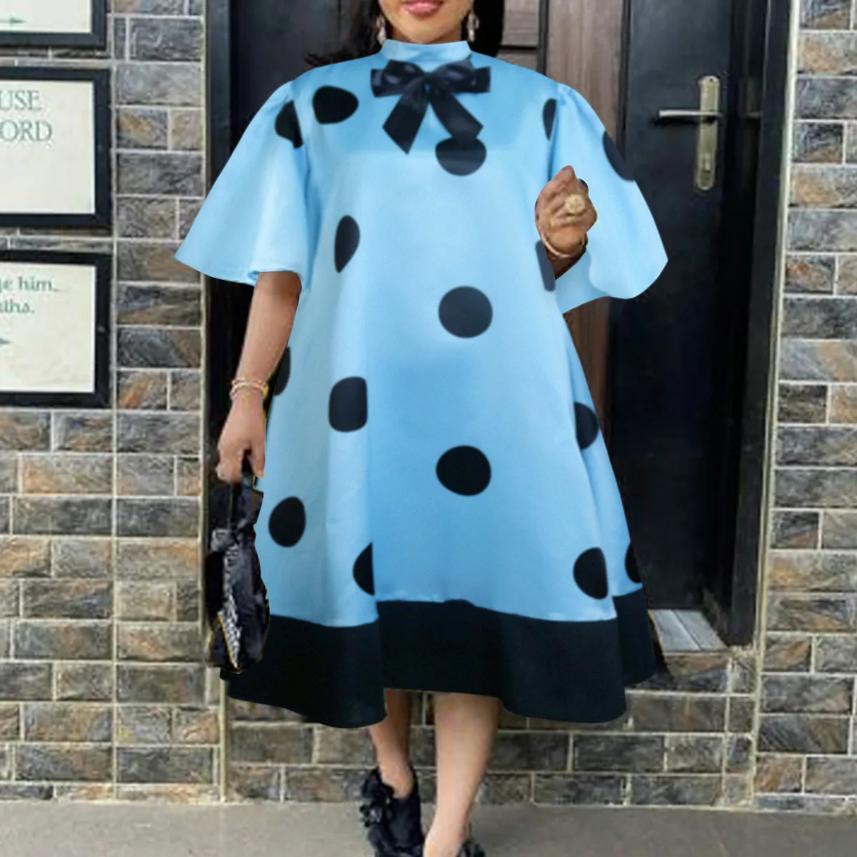 Plus Size Party Dress Women Bow Dot Print Wide Elegant Chubby Cloth Lady Casual 4xl Prom 2023 Summer Sale Trendy New Loose Dress