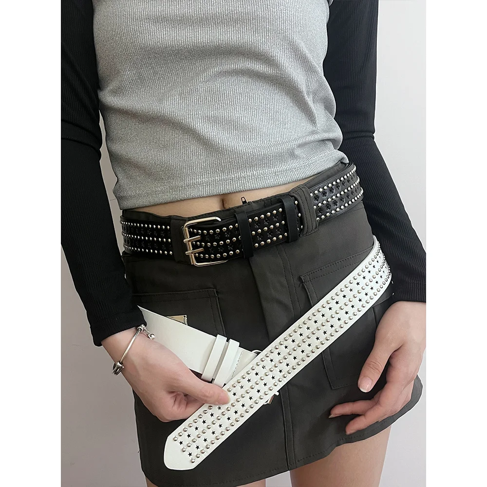 Vintage Women Rivet Belt Fashion Hollow Five-pointed Star Belts Designer Double Row Hole Strap Casual Jeans Female Waist Belt