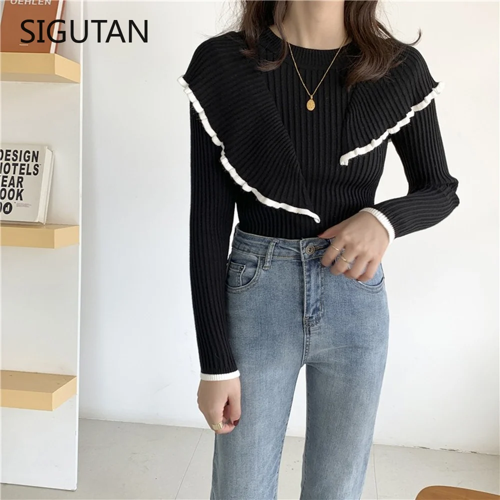 

OL Basic Bottoming Knit Sweater 2022 New Korean Style Flounced Stitching Pullover Sweaters Slim Warm Thick Knitted Tops