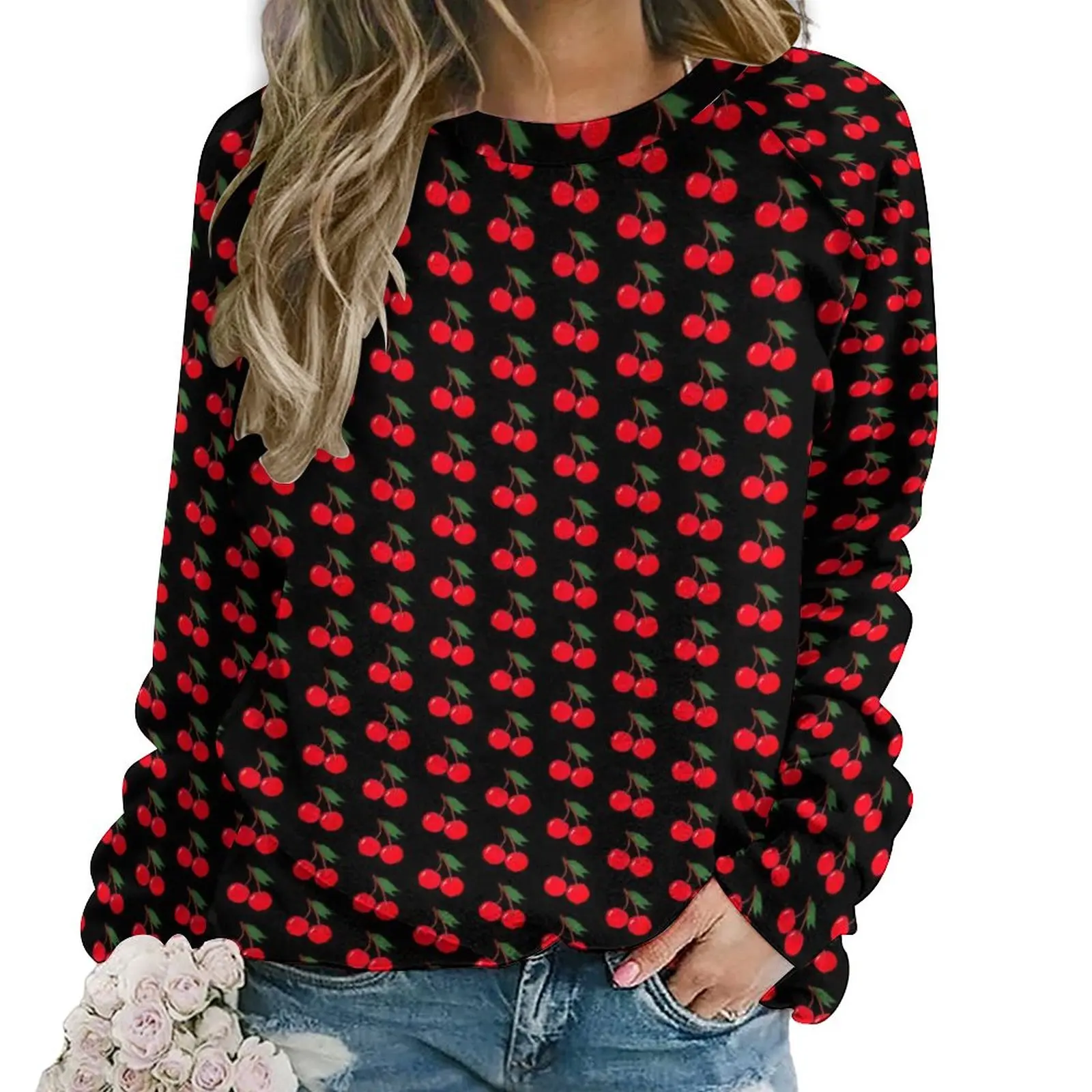 

Red Cherries Hoodies Women Fruits Print Streetwear Casual Hoodie Long-Sleeve Modern Pattern Sweatshirts Big Size