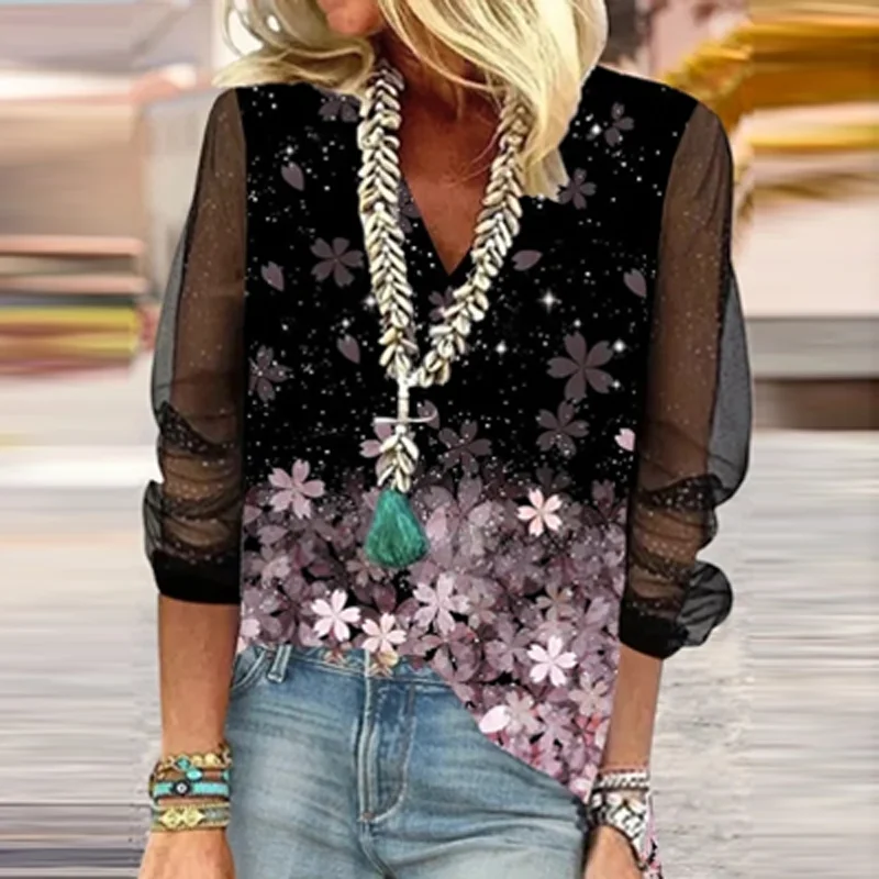 

Fashion Floral Print Women Tops and Blouses Spring Elegant V Neck Office Lady Shirt Autumn Mesh Long Sleeve Streetwear Pullovers
