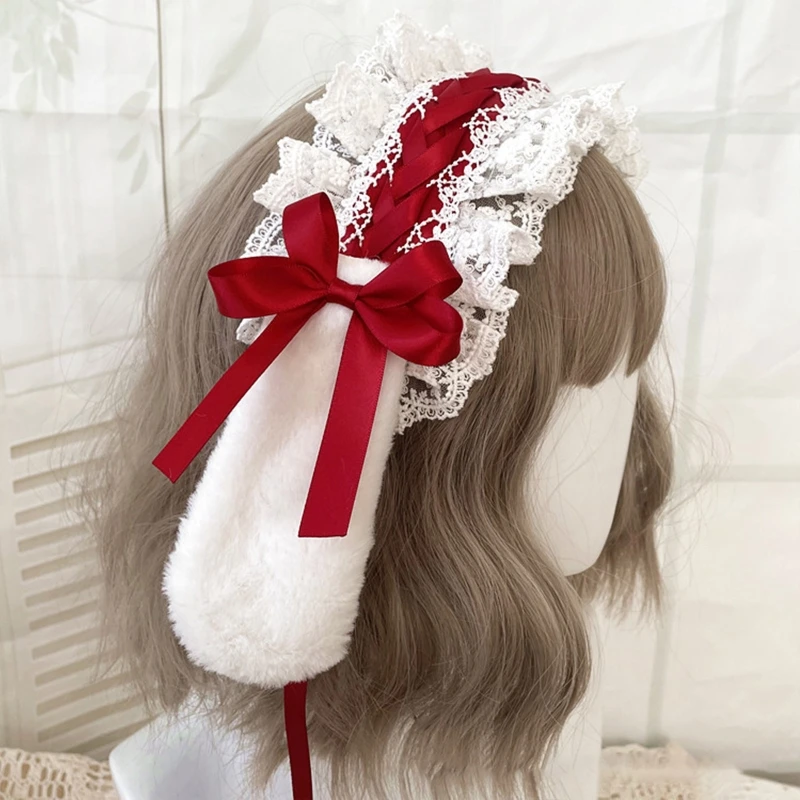 

Lolita Headwrap Ruffles Lace Headbands Ribbon Bows Headdress with Rabbit Ear Maid Headpiece Anime Cosplay Hair Accessory