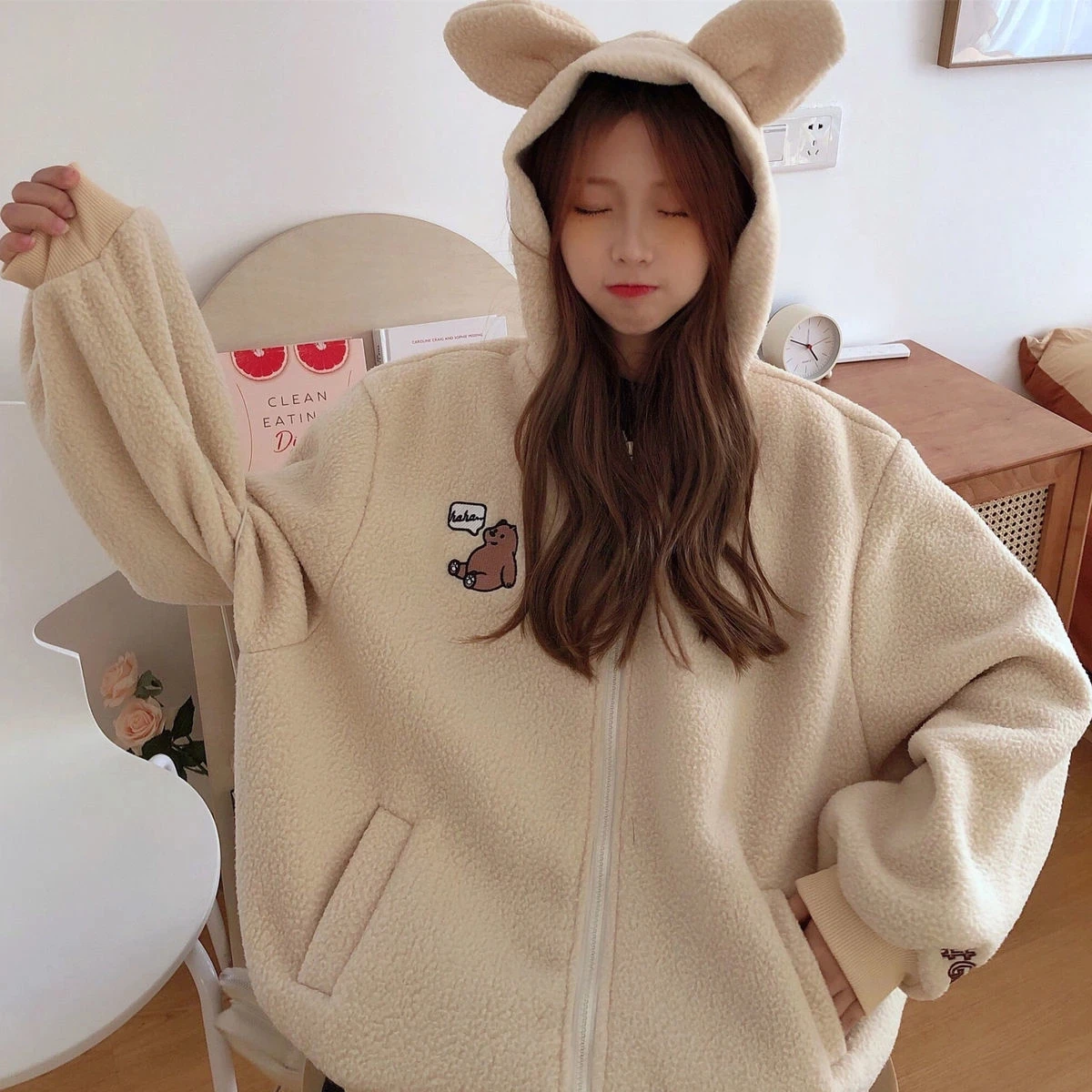 

Autumn Winter Zipper Coat Sweet Hooded Bear Print Harajuku Loose Hoodies Women Long Sleeve Zipper Zip Up Outwear Trend 2022