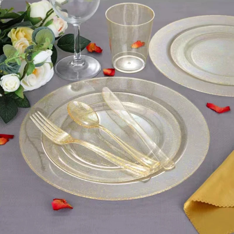 

Gold Rimmed Plastic Goblet Disposable Pudding Cup Wedding Party High Tableware Set Gold Shiny Pink Plate Western Dinner Tool