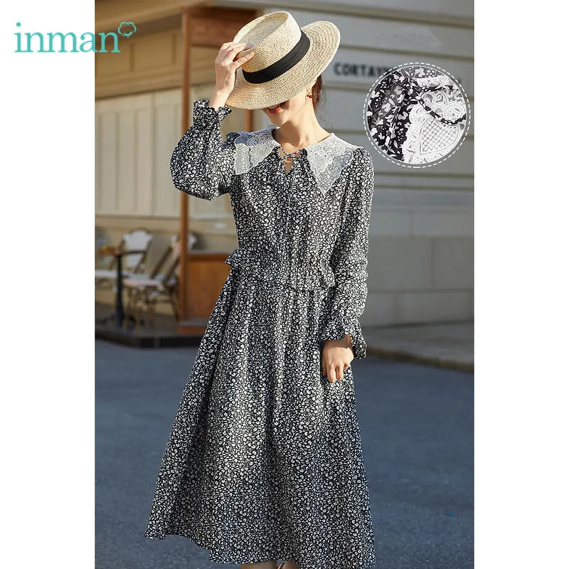 INMAN Spring Dress Women's Dress Vestidos Doll Lapel Vintage Chic Female Dress Waist A-Line Elegant Dress For Women Floral Print