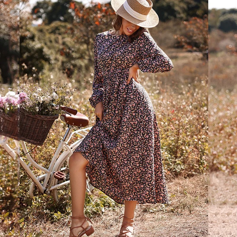 

2022 New Floral Print Dress Women Boho Vintage O Neck Long Sleeve Spring Plus Size Elegant Ladies Casual Sexy Dresses Vestidos