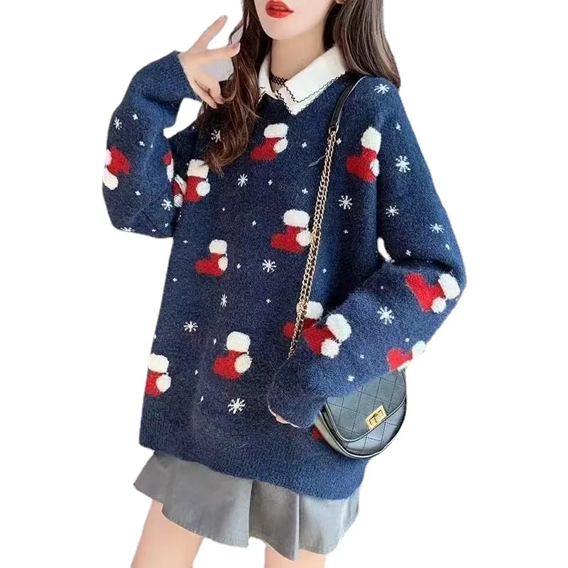 

Women Autumn and Winter Fashion New Crew Neck Pullover Christmas Sweater Printing Splicing Lax Versatile Long-sleeved Knit Tops