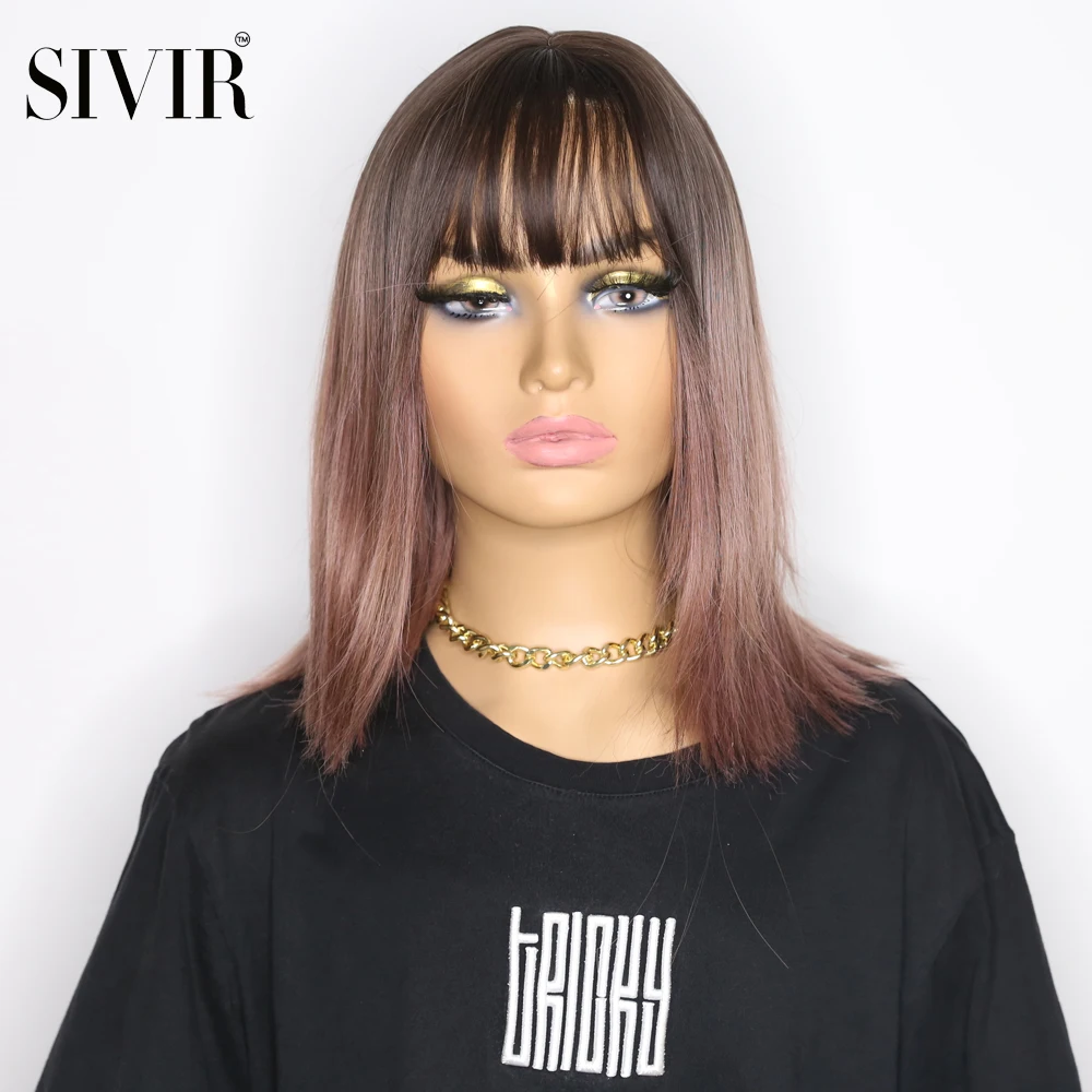 

Sivir Synthetic Natural Hair Bangs 12inch Pink-Brown/Black Color Straight Wigs For Women Heat Resistant Full mechanism Cosplay