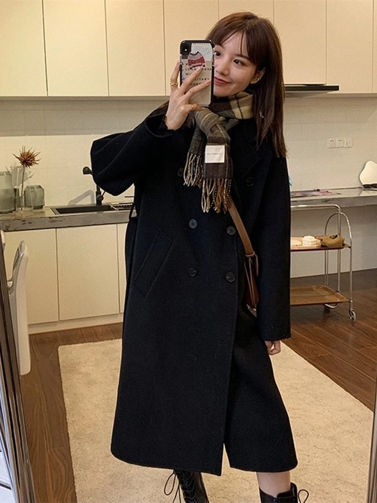 Черное двустороннее кашемировое пальто женское Новое поступление 2024 маленькое
