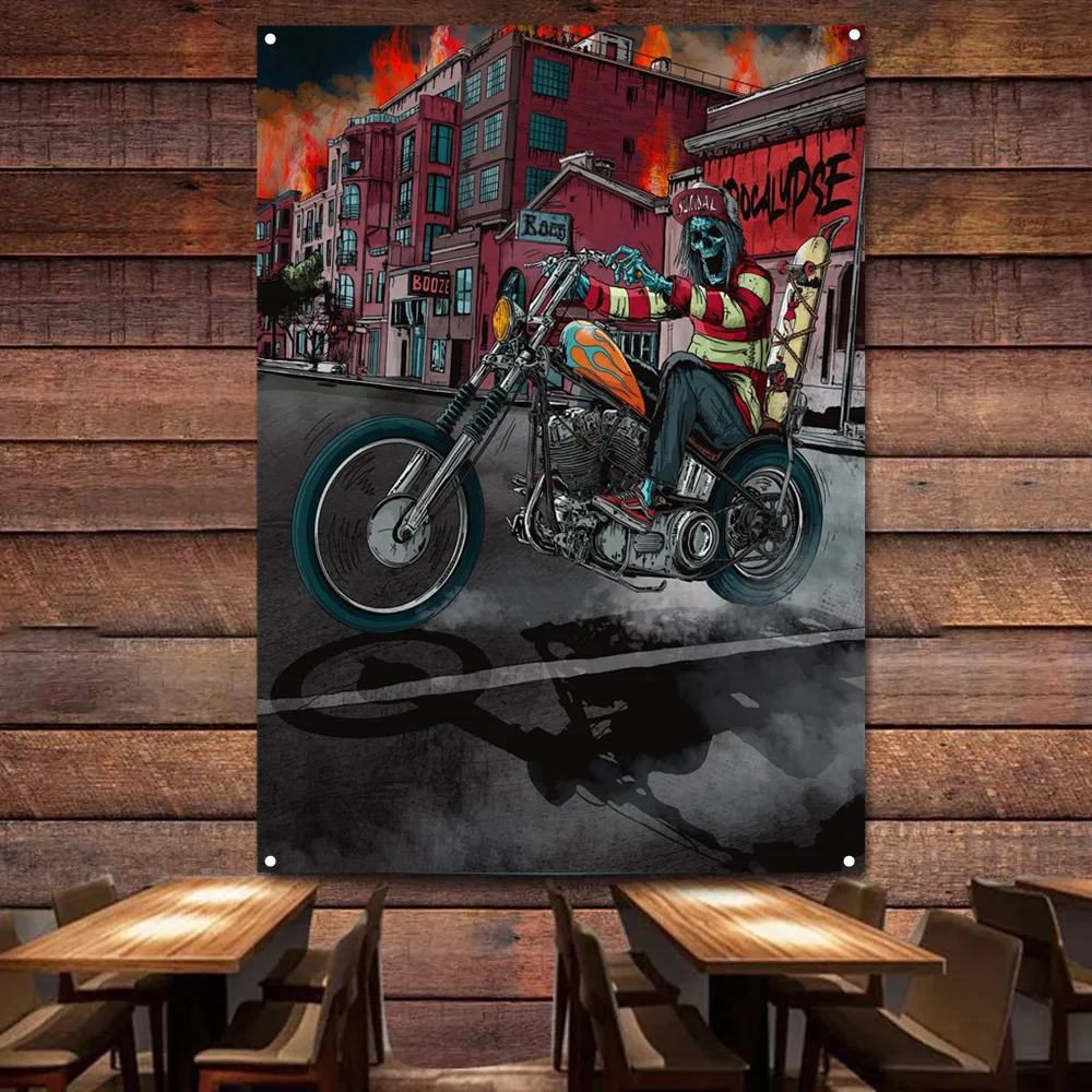 

Skeleton Motorcycle Rider Art Poster Wall Painting Garage Flag Auto Repair Shop Gas Station Wall Decor Banners Home Tapestry