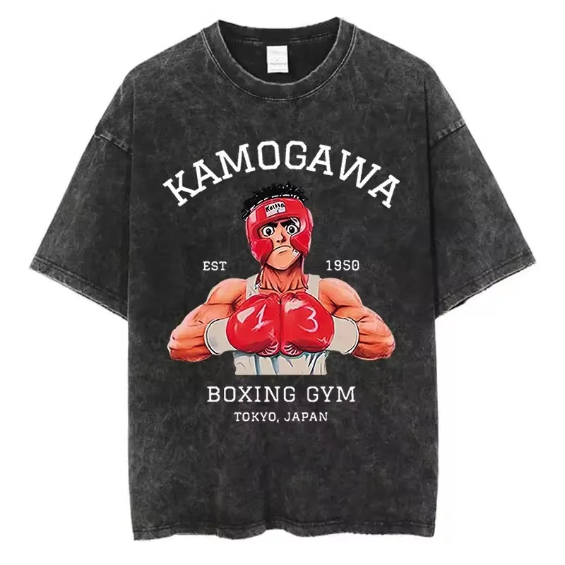High Quality Cotton Washed T-Shirt Anime Hajime No Ippo Kamogawa Boxing Gym Loose T Shirts Men Women Y2K Hip Hop Summer Top Tee
