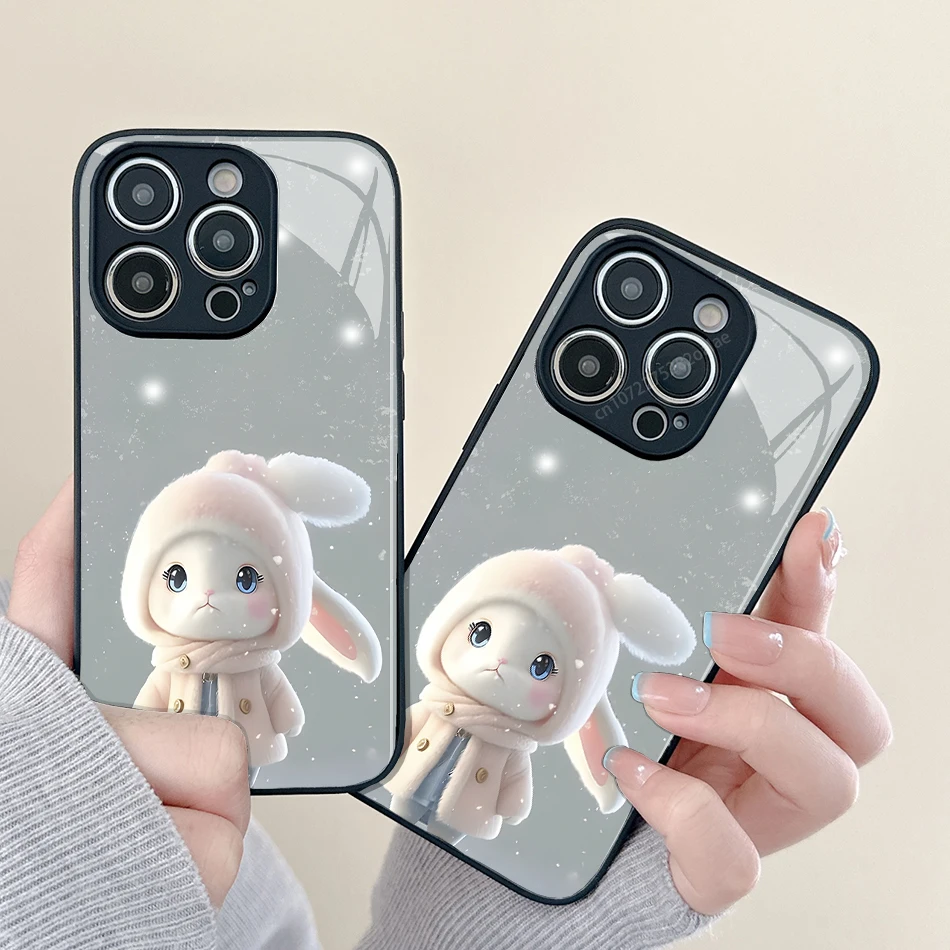 

Cartoon Rabbit Painted Glass Phone Case For iPhone 14 13 12 11 Pro Max Mini XS Max X XR 7 8 Plus Se2 SE3 Protection Back Cover