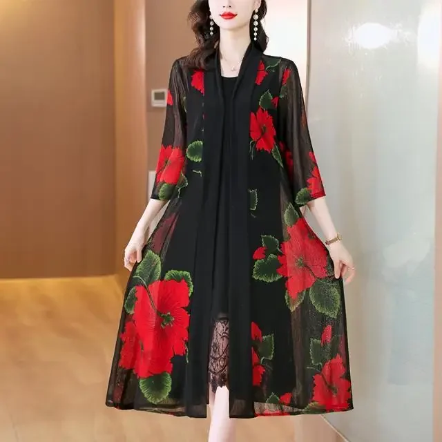 Женский длинный кардиган с принтом свободное тонкое пальто защитой от солнца