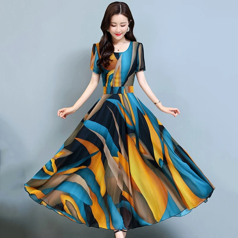 

2023 New Long Swing Chiffon Dress Women's Summer Short-Sleeved Fashion Ladies Party Vestidos Waist O-Neck Printed Dresses Female