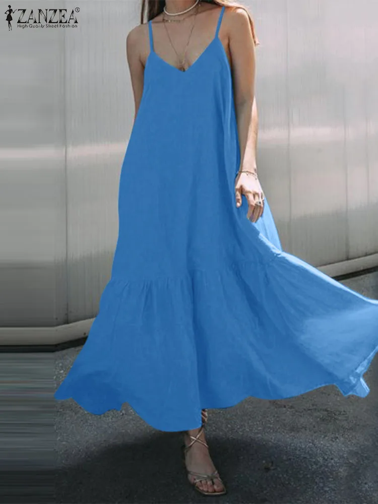 

Oversized Women Bohemian Sundress ZANZEA V Neck Spaghetti Strap Maxi Dress Party Holiday Summer Ruffled Hem Casual Solid Robes