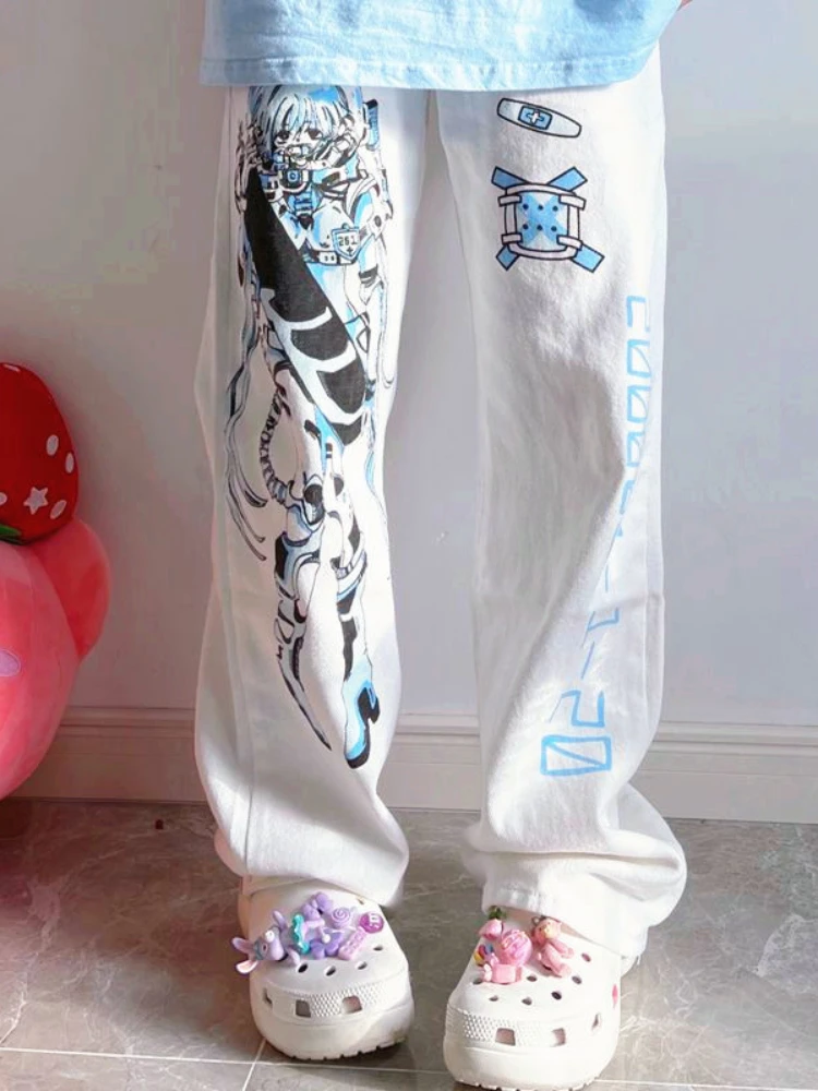 Женские прямые брюки в японском стиле QWEEK Y2K белые аниме оверсайз Харадзюку