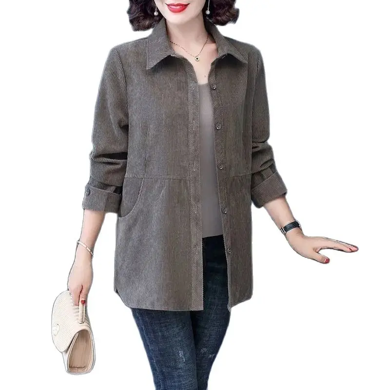 

Women Corduroy Blouse 2022 Spring Autumn Middle Aged Female Corduroy Shirt Jacket 5XL Casual Mother Windbreaker Coat W2367