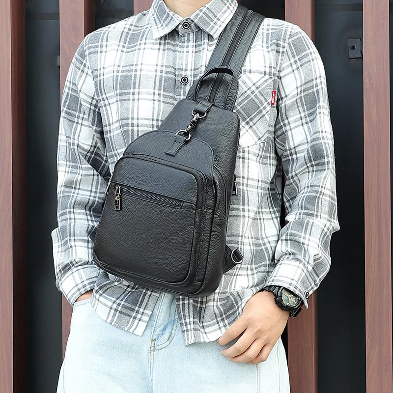 

Big Size Leather Chest Bag Backpack Real Men's Corssbody Bags Single Shoulder Bagpack Man Male Pack Sling