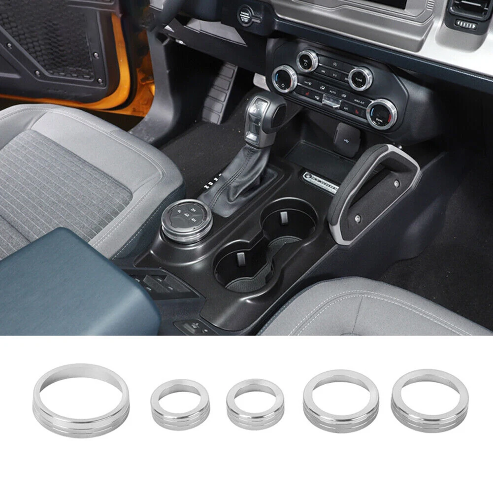 

5pcs Silver Air Condition 4WD Audio Switch Knob Ring Cover Trim For Ford Bronco 21+ Decoration Sticker
