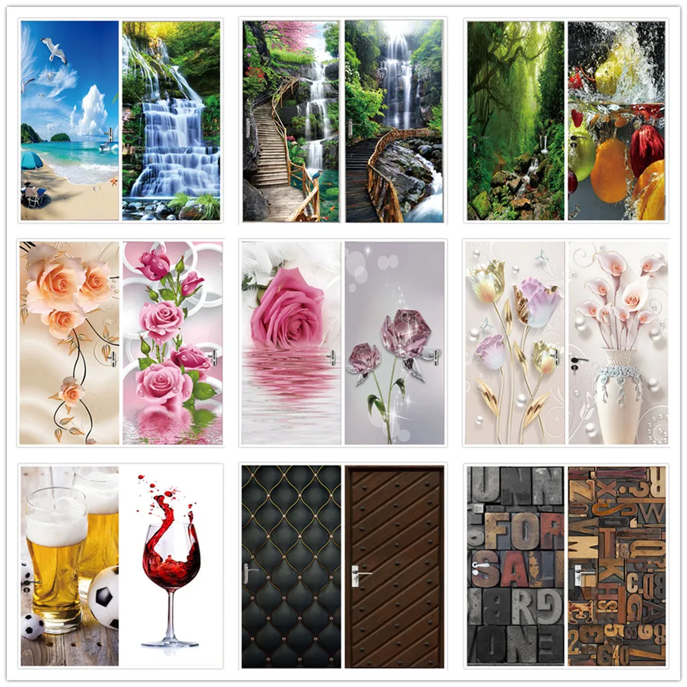 

Natural Landscape Door Mural Decal PVC Waterproof Artwork Flower Printed Stickers For Door Modern Living Room Renovation Poster