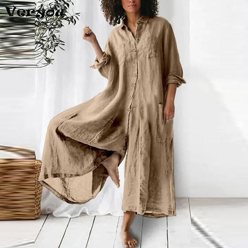 

Harajuku Retro Plain Cotton Linen Shirt Jumpsuit New Spring Lapel Button Women Rompers Summer Wide Leg Pants Big Pocket Overalls