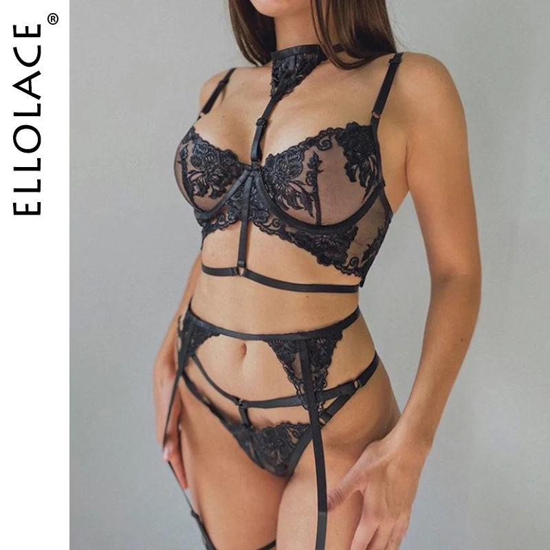 

Ellolace Sensual Lingerie Woman 3-Piece Embroidery Lace Fancy Underwear Transparent Halter Bra Erotic Outfit Brief Sets Whore