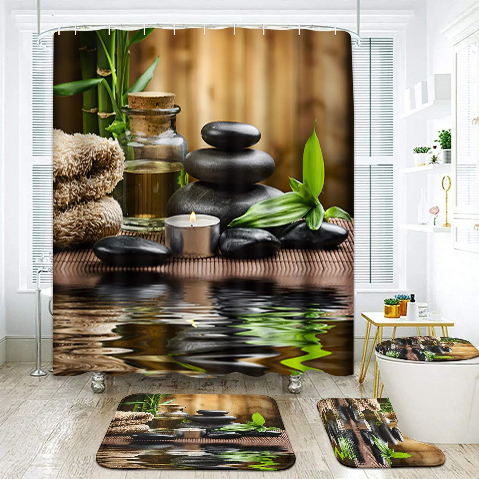 

4Pcs Shower Curtain Stones Spa Oil Wood Massage Relax Candle Ayurvedic Water Bamboo Green Non-Slip Rug Toilet Lid Bath Mat Decor