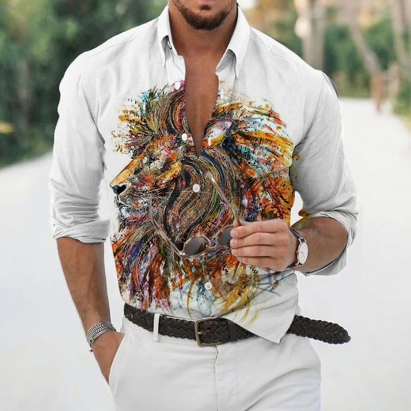 New Fashion Men's Long Sleeve Shirts Hawaiian Casual Streetwear Tops Graffiti Ink Painting 3D Printing Spring and Autumn Tops