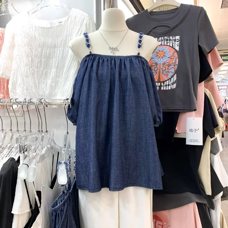 

2023 Summer New Baggy Slim Suspender Slash Neck Shirt Fashion Temperament Off-shoulder Tops