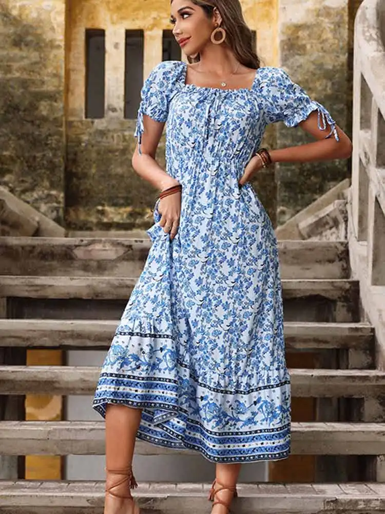 

High Waist Slim Long Dress Women Summer Cloth Vintage Floral Print Short Sleeve Beach Dress Holiday Sundress Vestido