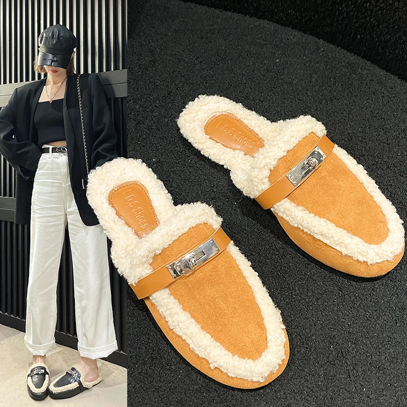 

Shoes Woman Slippers Slides Low Cover Toe Loafers Female Mule Fashion Genuine Leather Flat Mules Luxury Microfiber Rome Winter