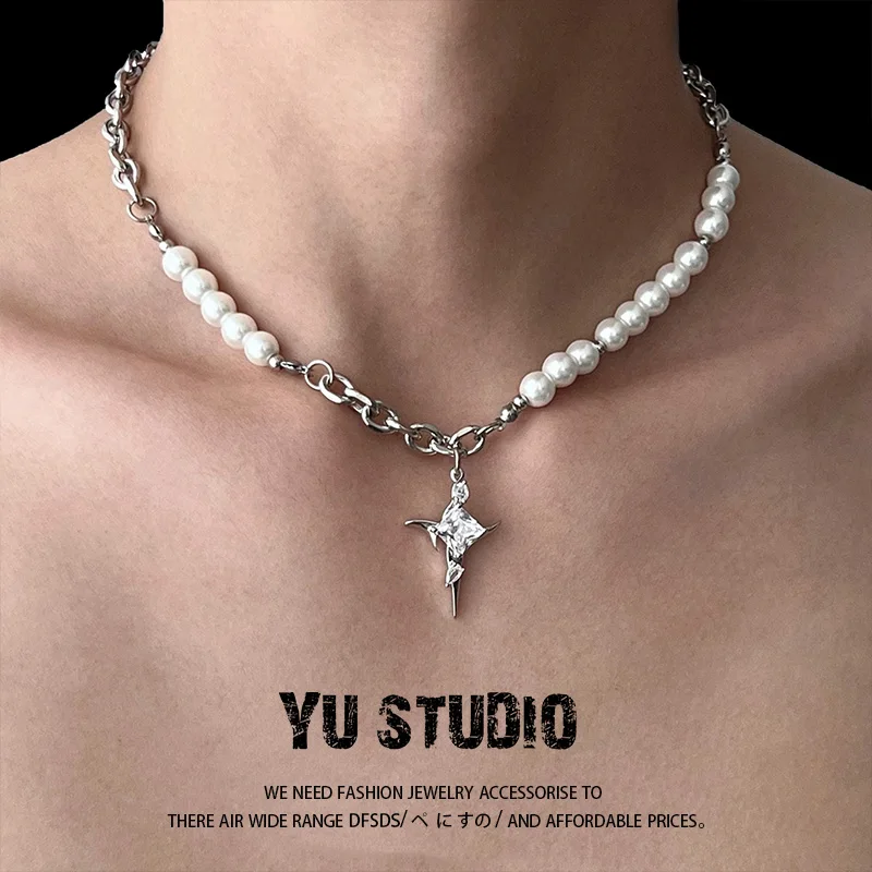Yustudio Light Роскошное жемчужное титановое стальное ожерелье с крестом мужское